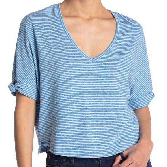 Melrose & Market Cropped Knot Short Sleeve Striped Womens T-Shirt V Neck XL NEW - Picture 1 of 8